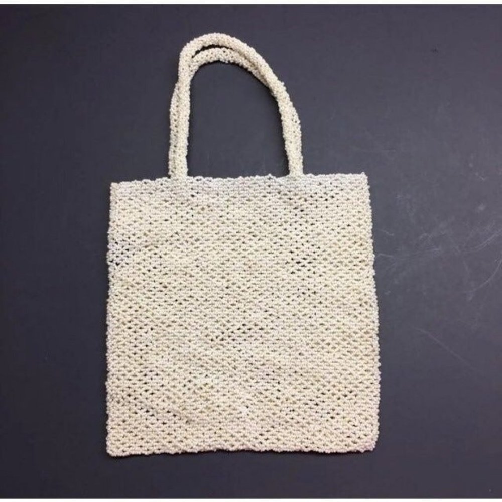 VIntage Off White Purse Square Beaded Knit India Retro